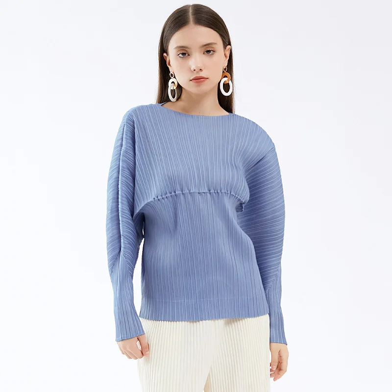 women's-t-shirt-long-sleeves-autumn-2022-new-round-neck-solid-colour-high-stretch-loose-casual-miyake-pleated-basic-tee-tops