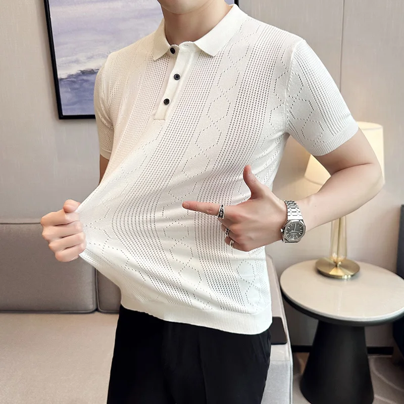 

High-quality Knitted Polo Shirt Men's Summer Short Sleeve Casual Slim Fit Hollow Out Polo T-shirt Business Tee Tops Men Clothing