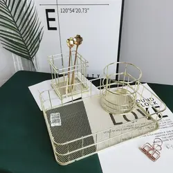Gold Metal Iron Makeup Pen Storage Basket Nordic Makeup Brush Storage Box Desktop Sundry Storage Lipstick Brush Holder Iron Art