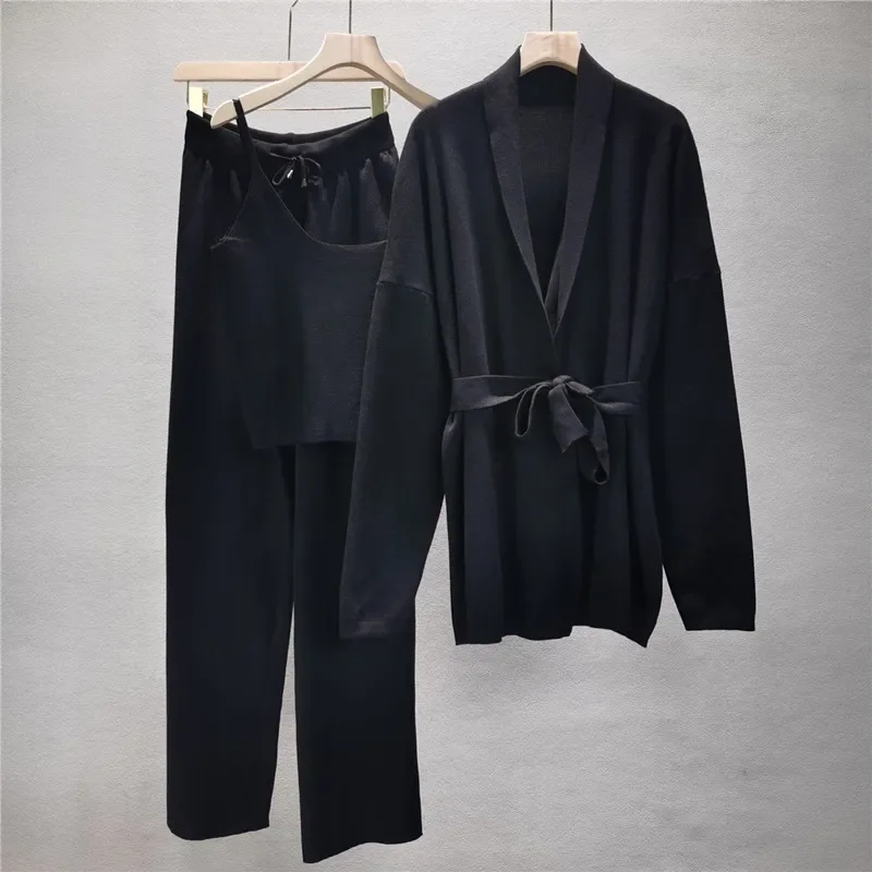 2024 New Fashion 3 Piece Set Women Sexy Vest + Long Sleeve Shawl Cardigan coat + Wide Leg Pant Women's Tracksuit Knitted Suit