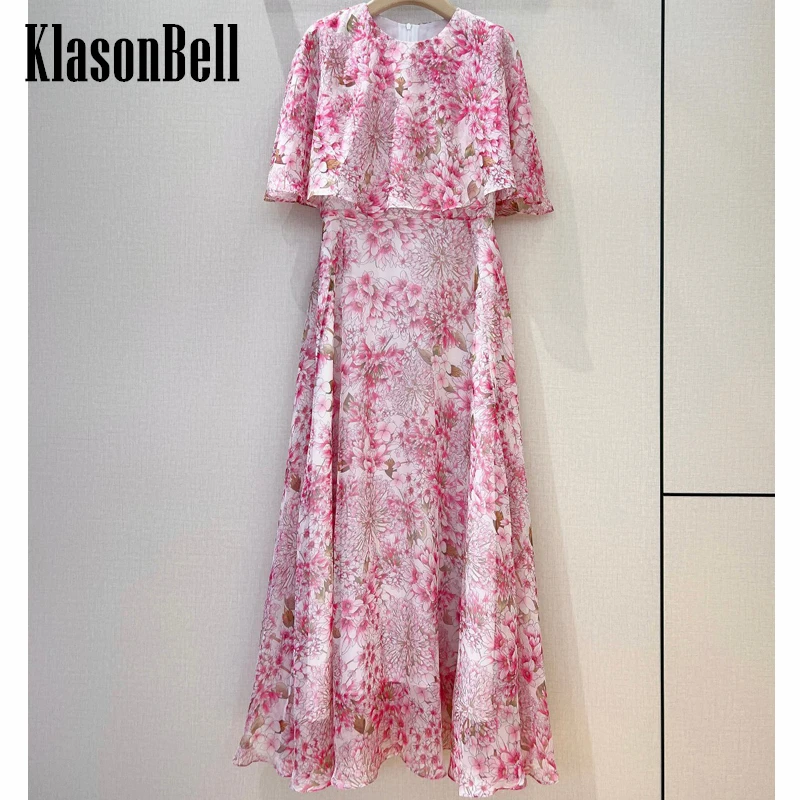 

4.17 KlasonBell New Arrival Elegant Pink Flower Print Dress For Women Cloak Design O-Neck Short Sleeve A-Line Maxi Dress