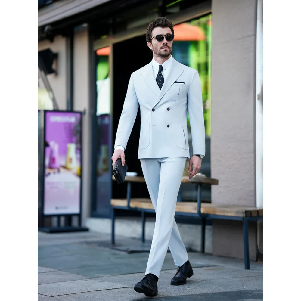 High-end 3 Pockets Men Suits 2 Piece Fashion Business Casual Slim Men Clothing Double Breasted Peak Lapel Wedding Tuxedo