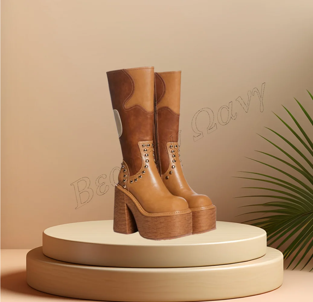 

Brown Rivet Decor Wooden Heel Boots Platform Strange Style Shoes Wedges High Heel Shoes for Women Shoes 2024 Zapatos Para Mujere