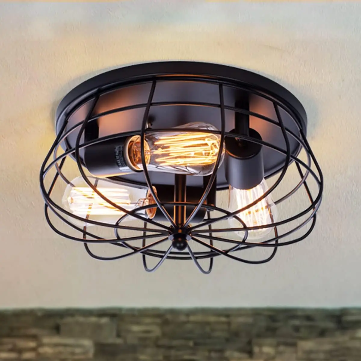 

3-Light Rustic Semi Flush Mount Ceiling Light, with Metal Cage for Kitchen, Living Room, Dining Room, Bedroom, Hallway, Stairway