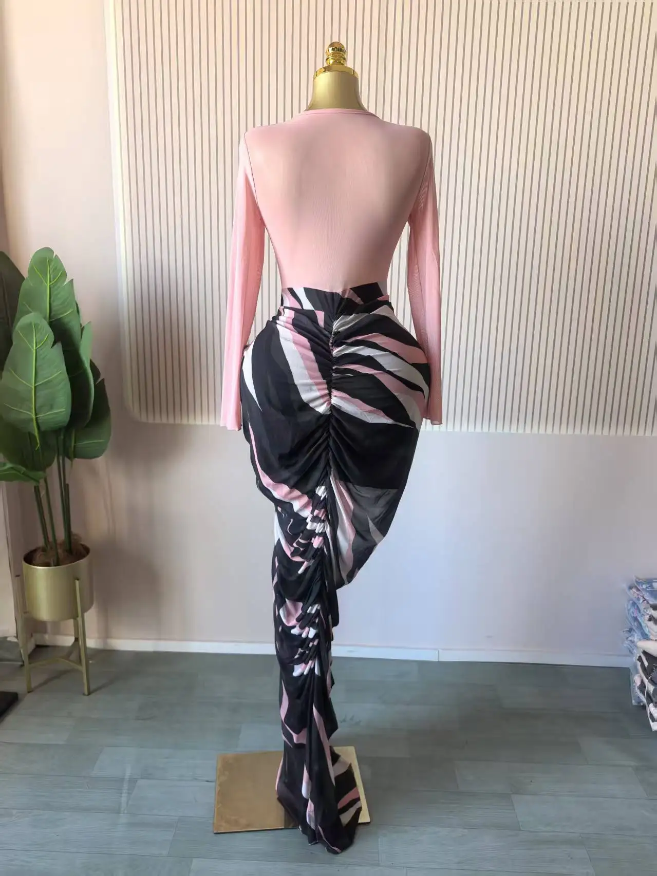 CM.YAYA Women Tie Dye Print Mesh Patchwork Ruched Bodycon Maxi Long Dress 2026 Spring Evening Education Vacation Prom Dresses