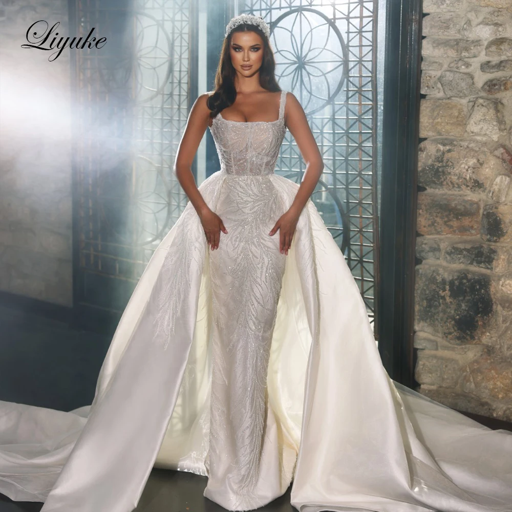 Liyuke Stunning Square Collar 2 In 1 Mermaid Wedding Dresses Luxury Beading Pearls Embroidery Lace Spaghetti Straps Bridal Gown