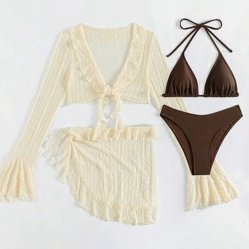 Sexy Four-piece Women Swimsuit Long-sleeve Cover-up