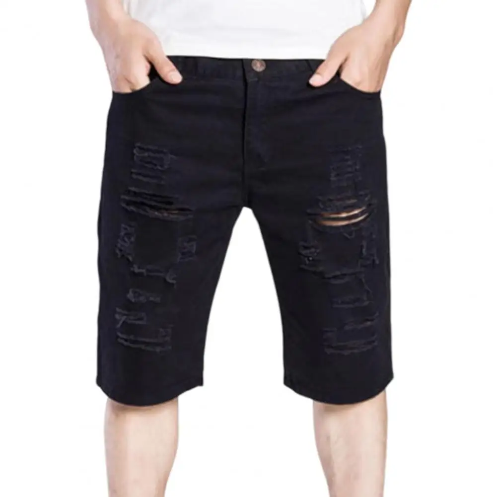New Denim Shorts Men Knee Length Fashion Jeans Casual Hole Slim Male Short Pants Streetwear