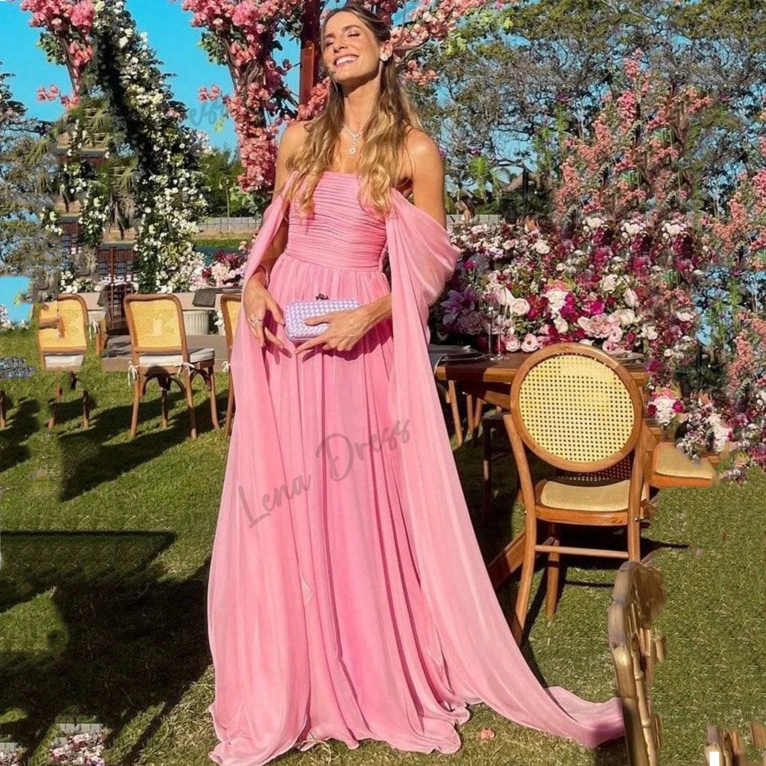 

Lena-2024 Women's Strapless Chiffon Dress Elegant Luxury Pink Formal Celebrity Prom Dress