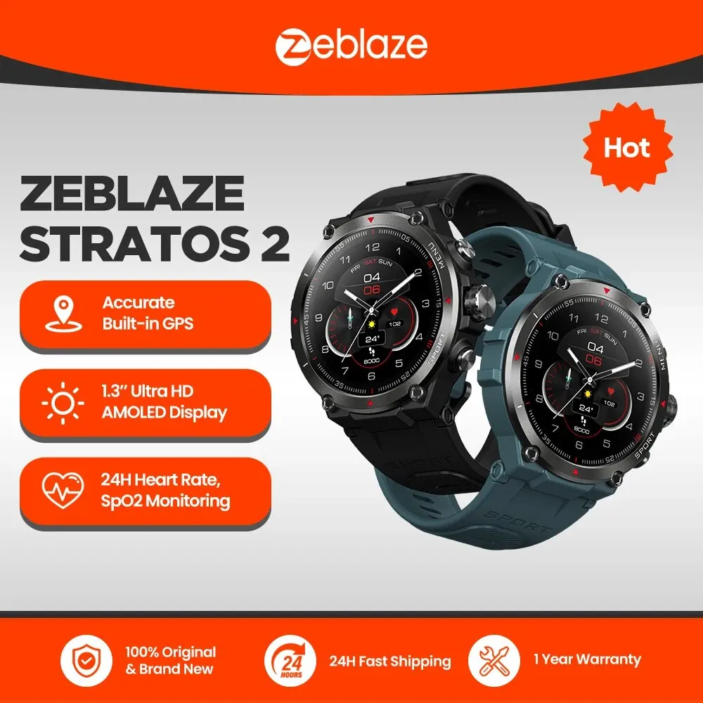 Smart Watch Zeblaze Stratos 2 GPS Smart Watch AMOLED Display 24h Health Monitor 5 ATM Long Battery Life Smartwatch for Men
