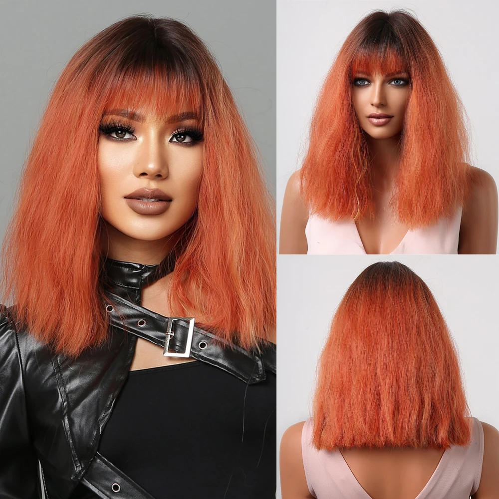 Synthetic Wigs with Bangs Red Orange Ombre Medium Length Wave Hair Wigs for  Women Halloween Cosplay Wig Dark Root Heat Resistant - AliExpress