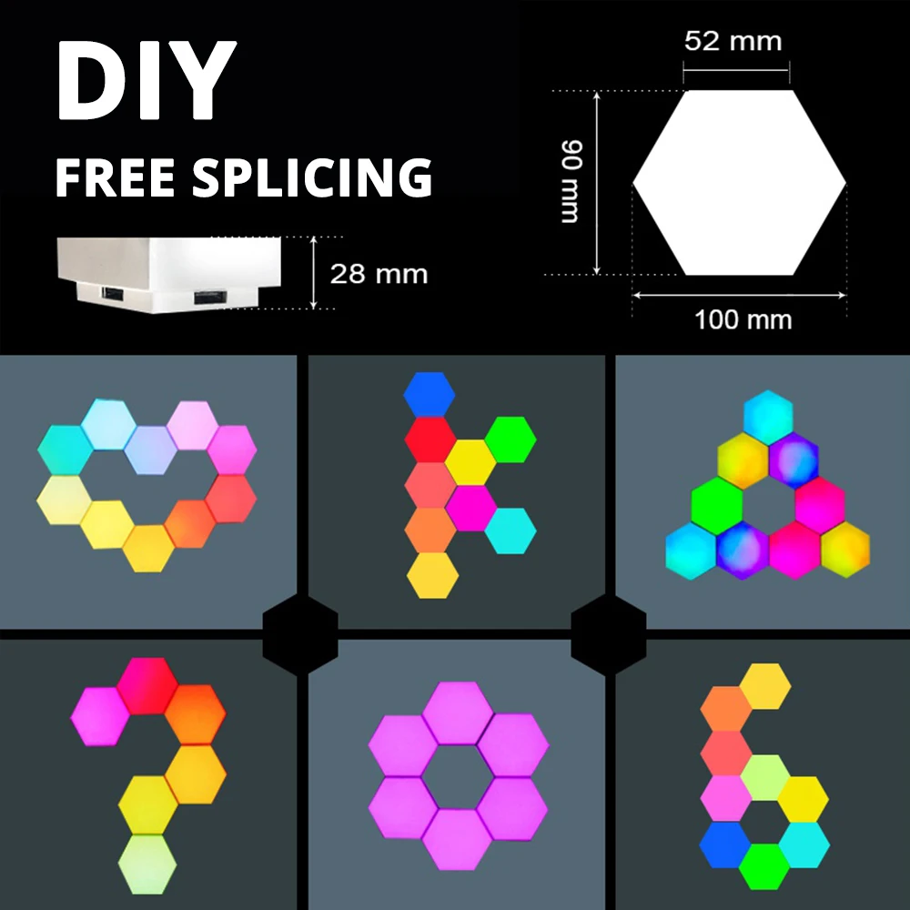 Luz LED hexagonal controlada por aplicación, control remoto inteligente, luz celular RGB cuántica, luz nocturna creativa DIY, sala de juegos, dormitorio_voghion.com