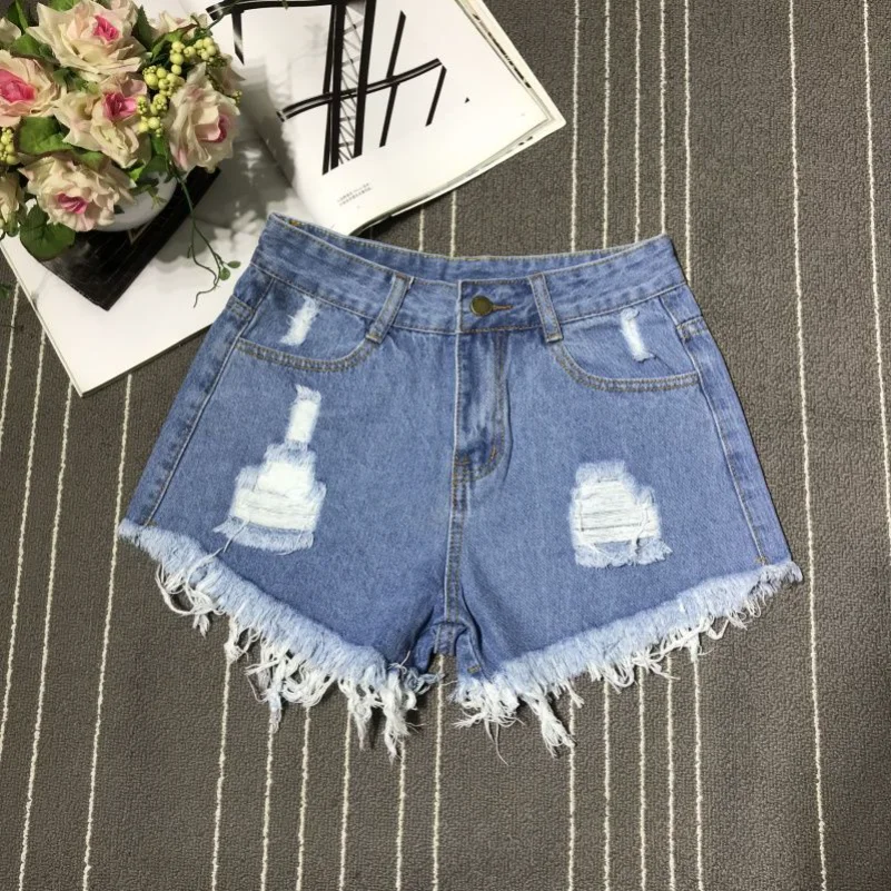 

New Summer Women Short Female High Waist Tassel Broken Denim Shorts Korean Version Raw Edge Wide Leg Loose Plus Size Jean Shorts