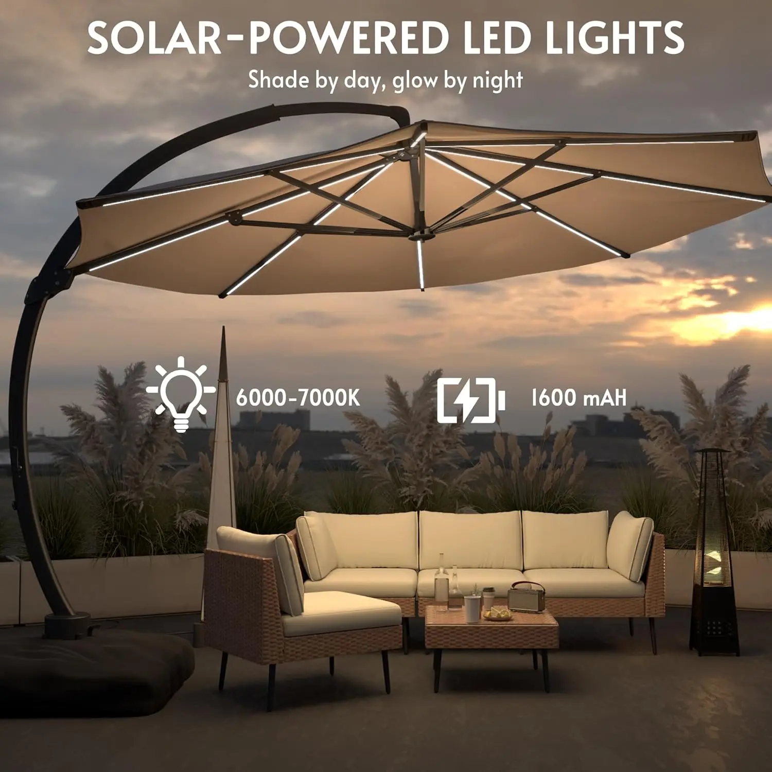 11FT Solar Powered LED Light Cantilever Patio Umbrella with Base Included, Large Cantilever Umbrella with 360°