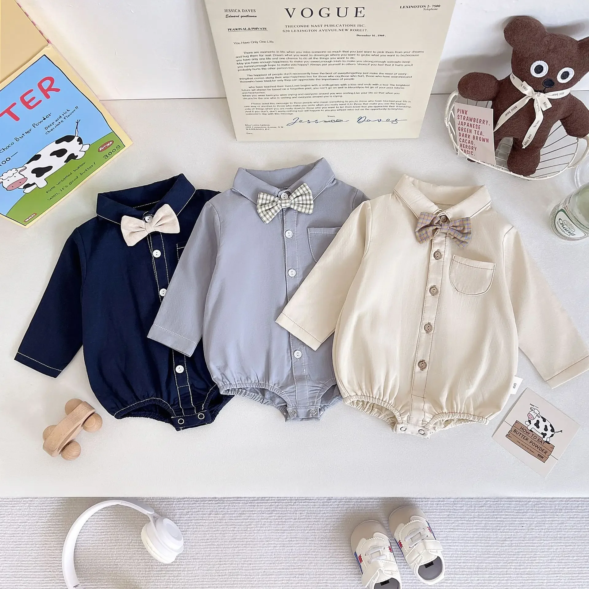 Long Sleeve Onesie with Bow Tie for Baby Boys Infant Gentleman Suit Korean Style Crawling Suit with Butt Cover 0-2 Years Old