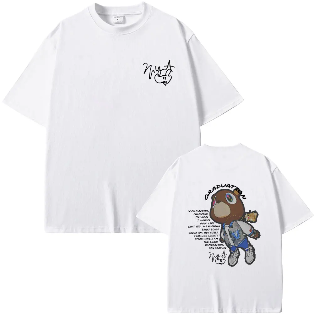 랩퍼 카니 예 웨스트 졸업 양면 그래픽 티셔츠 남성 여성 힙합 오버 사이즈 O 칼라 Tshirt 남성 카니 예 블랙 티셔츠