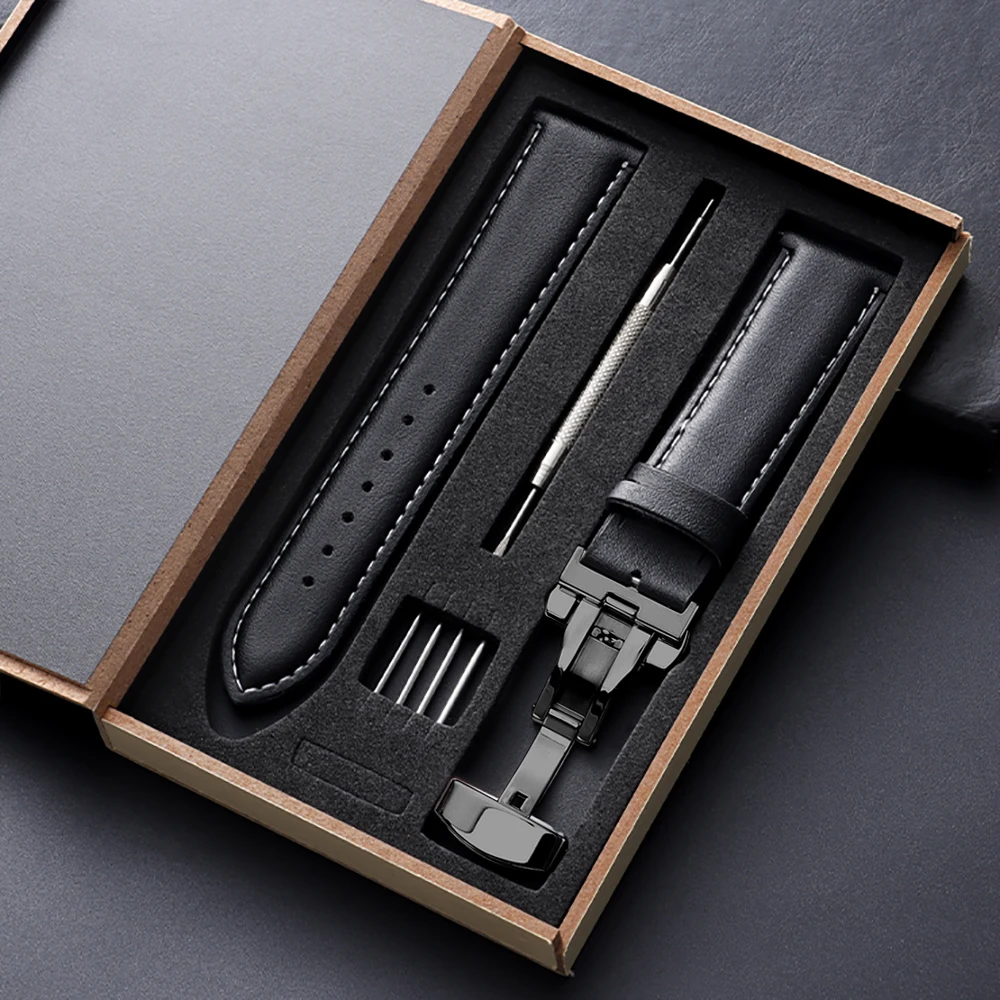 Elegant Vintage Leather Watchband with Butterfly Buckle and Gift Box