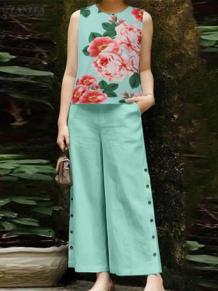 

Брюки ZANZEA Женские повседневные с цветочным принтом, праздничный богемный комплект из 2 предметов, спортивные костюмы с широкими штанинами и боковыми пуговицами