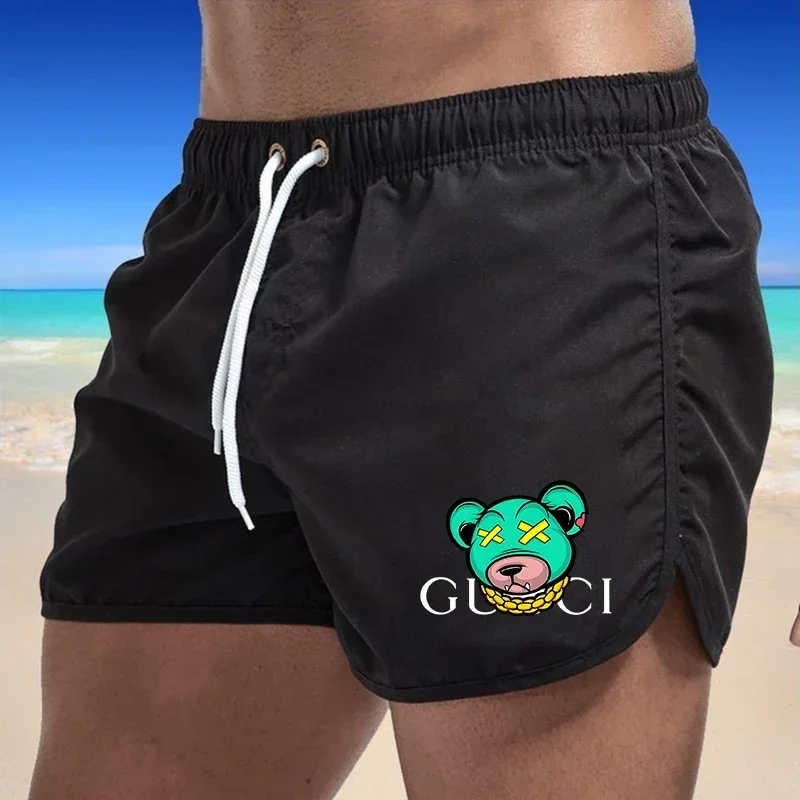 Men's beach shorts, sports surfing shorts, gym, running, quick drying, bear print luxury swimsuit