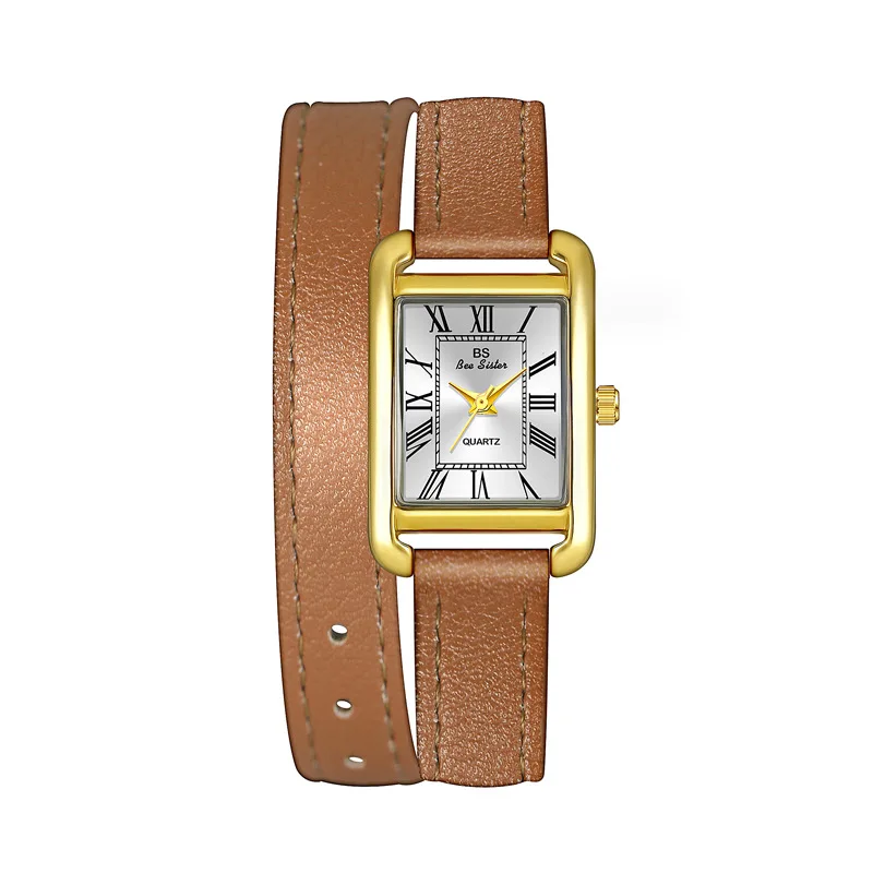 Vintage Calfskin Watch Strap Rectangular Small Dial Quartz Gold