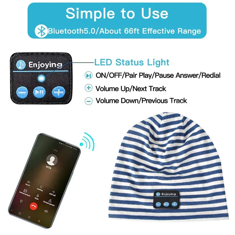 Wireless Sleeping Headphones Sports Hat Soft Comfortable Music Headsets Cap Handsfree Call Bluetooth Earphone for Adults Kids