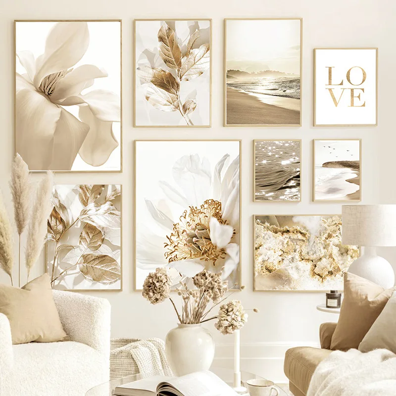 Nordic Modern Art Wall Golden Plant Flowers Beach Wave Soggiorno Camera Da Letto Canvas Poster Printing Interior Home Decor Painting