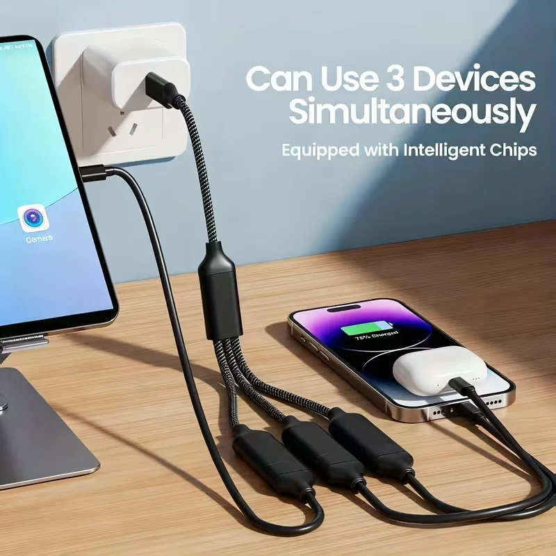 USB 1-3 연장 케이블, 1입력 3출력, USB-C 1개의 남성 커넥터를 3개의 여성 커넥터로 변환하는 어댑터, USB 다기능 고속 충전 케이블-C 인터페이스