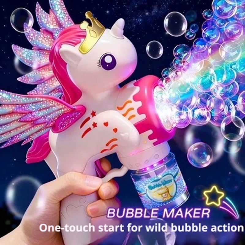 2026 Flying Horse Unicorn Electric Bubble Gun,Colorful Porous Automatic Soap Blower With Lights Summer Outdoor Party Games Toys