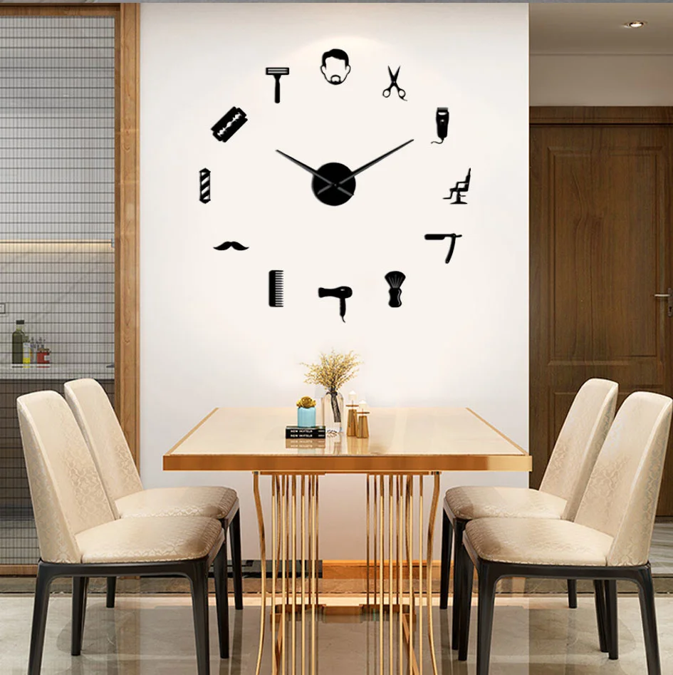 Barber Shop Giant DIY Wall Clock Modern Design Barbershop Decoration 3D DIY Wall Mirror sticker Hair Stylist Hairdresser Gift