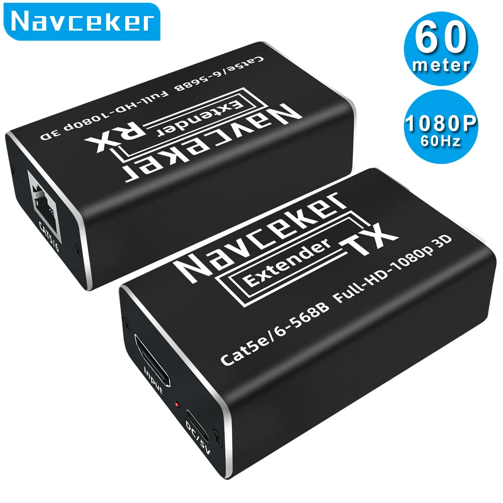

Navceker 60m HDMI Extender POC 1080P 3D HDMI Extender No Loss EDID RJ45 to HDMI Extender Transmitter Receiver over Cat5e/Cat6