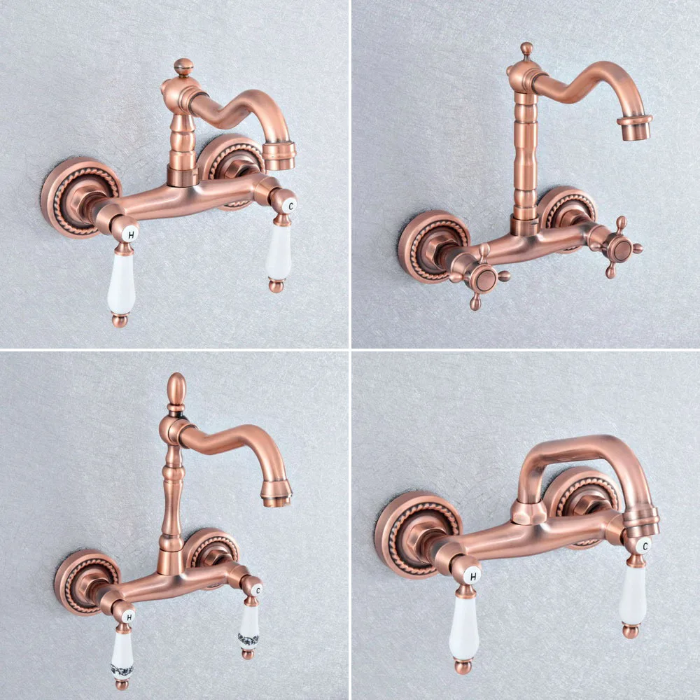Antigo Cobre Vermelho Bronze Fixado na Parede Duas Alças Alavancas Pia da Cozinha do Banheiro Torneira Misturadora Bica Giratória Asf859