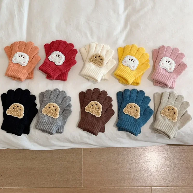 New Children Warm Gloves Autumn Winter Cartoon Bear Baby Five Finger Mittens Students Toddler Writing Cycling Mitten 1-4Y