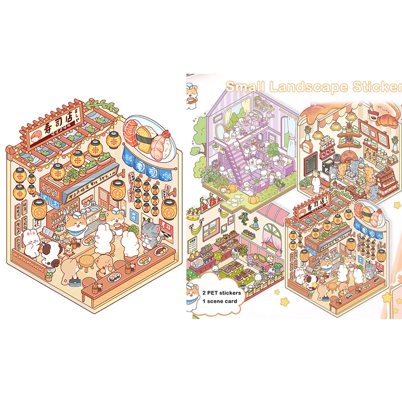 1Set Cute 3D Stereoscopic Landscape Stickers Cartoon Mini Scene Stickers Pocket Visualization Stacking Cabin Scene