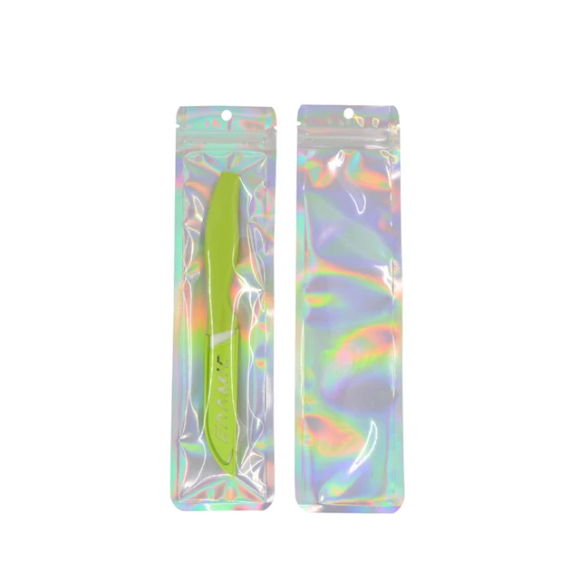 100 pièces hologramme feuille d'aluminium et sacs transparents à fermeture éclair longue pochette en plastique montre stylo bijoux cosmétiques Usb données câble sacs 4