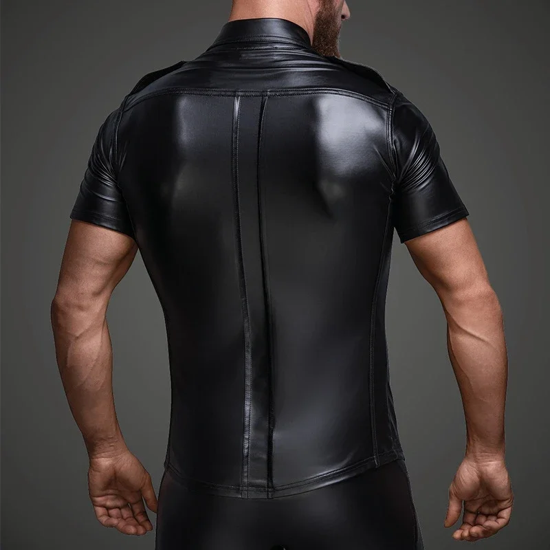 Men Sexy wetlook T-Shirts Soft Faux Leather catsuit Gay Uniform Latex Shirt Tops Clubwear fetish Punk lingerie bodysuit Shirts