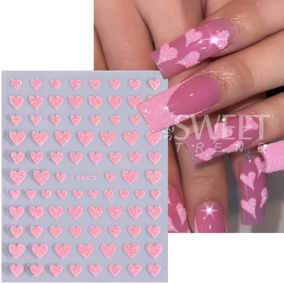 3pcs Glitter Love Heart 3D Nail Stickers Luxury Red Pink Love Nail Decals DIY Adhesive Slider Valentine Romantic Manicure Decor