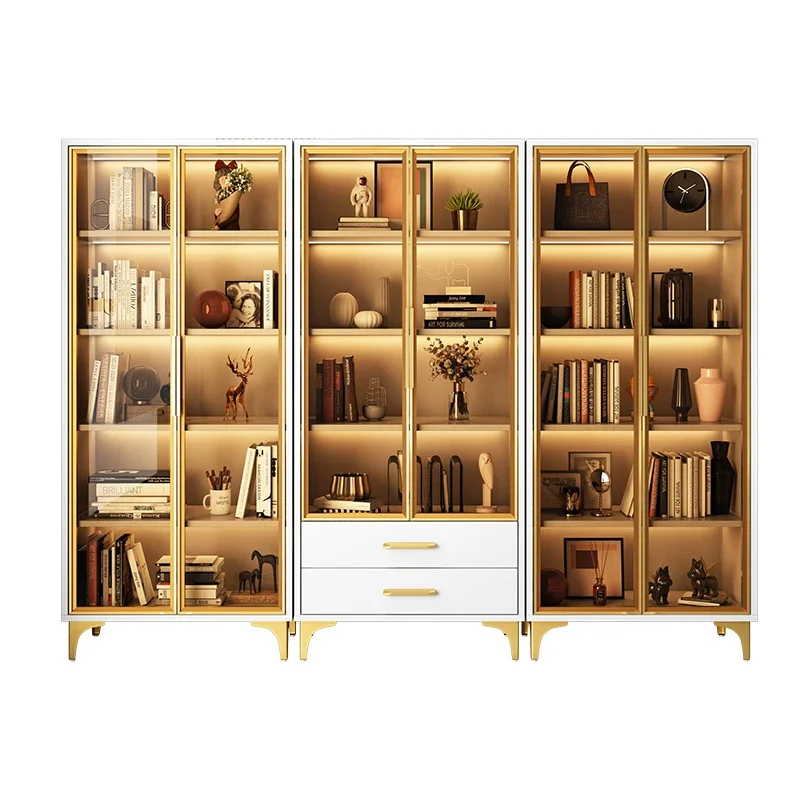 Luxury glass door bookcase floor-to-wall solid wood combination display cabinet living room study storage locker bookcase