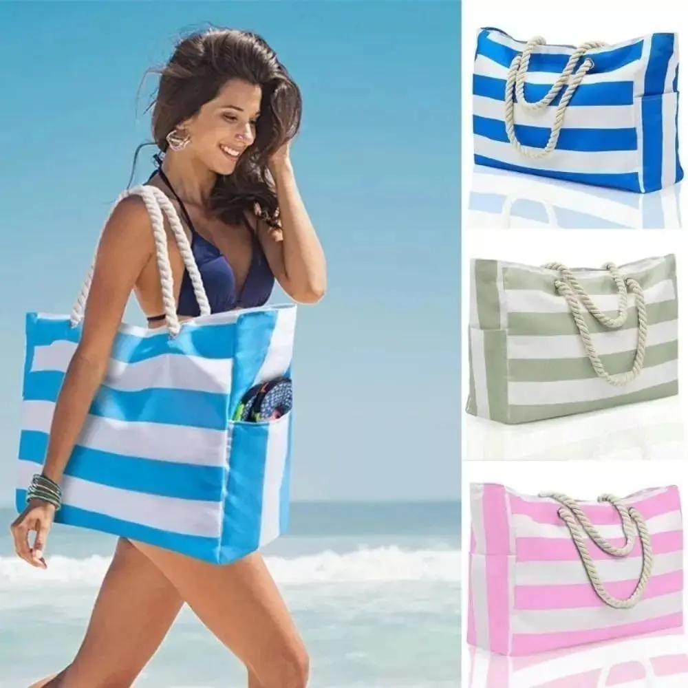 

New Bohemian Striped Shoulder Bags Camping Canvas Zipper Travel Bag Women Large Capacity Swim Pool Bag Beach