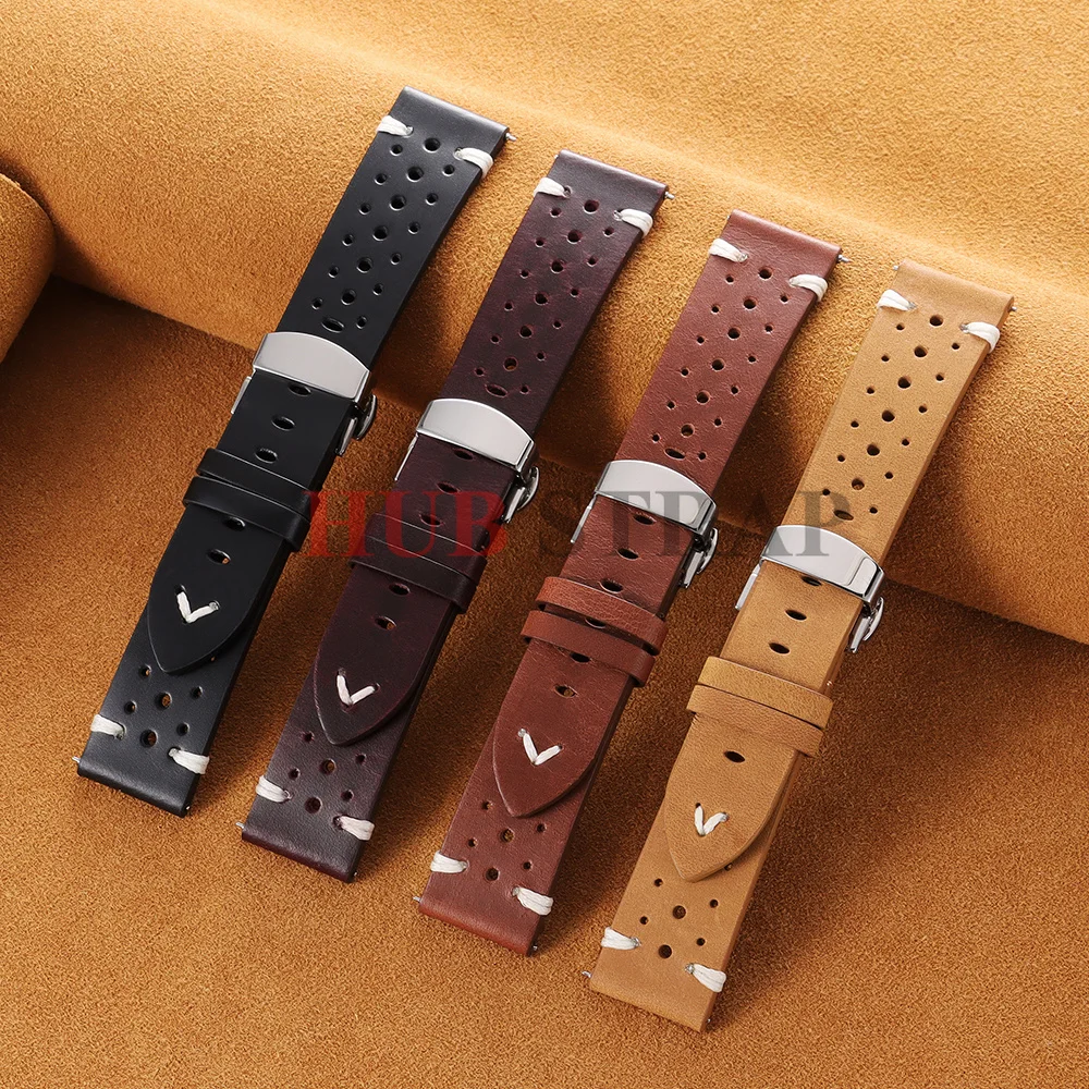Breathable Cowhide Leather Watch Strap with Butterfly Clasp - Vintage Black, Red, Brown Wristband
