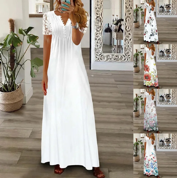 S9851b9dbba42482e9836cd189787464cz Spring/Summer Fashion Women's Short Sleeve Printed Lace Dresses Elegant Women's White V-neck Slim Fit Party Long Vestidos S-5XL Mallzona