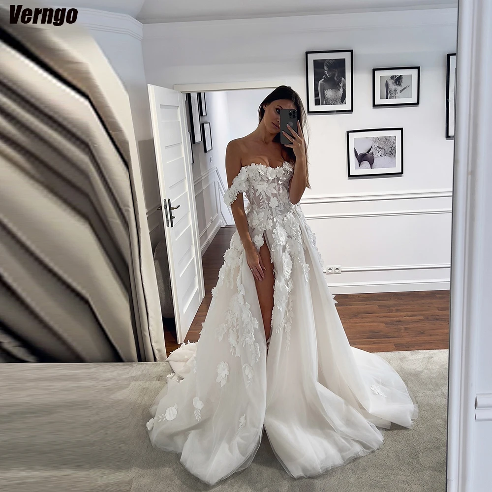 

Verngo Off Shoulder Wedding Dresses A-line Bridal Gown Tulle Appliques 2024 Elegant Split Long Bridal Dress Vestidos De Novia