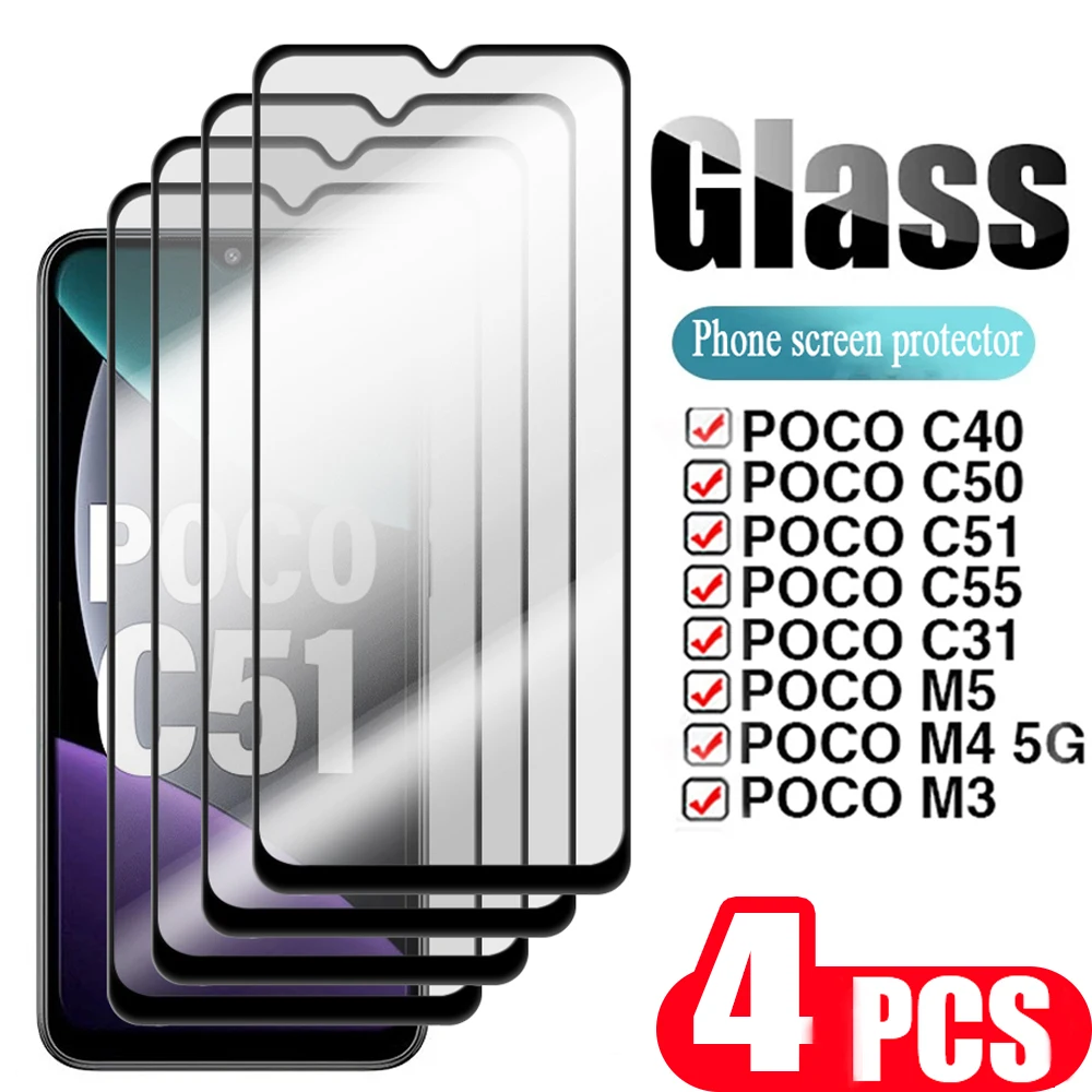 

4PCS 9D cover For xiaomi Poco C51 C55 M4 5G M5 C40 C50 M3 C31 F5 pro Tempered glass screen protector protective film smartphone