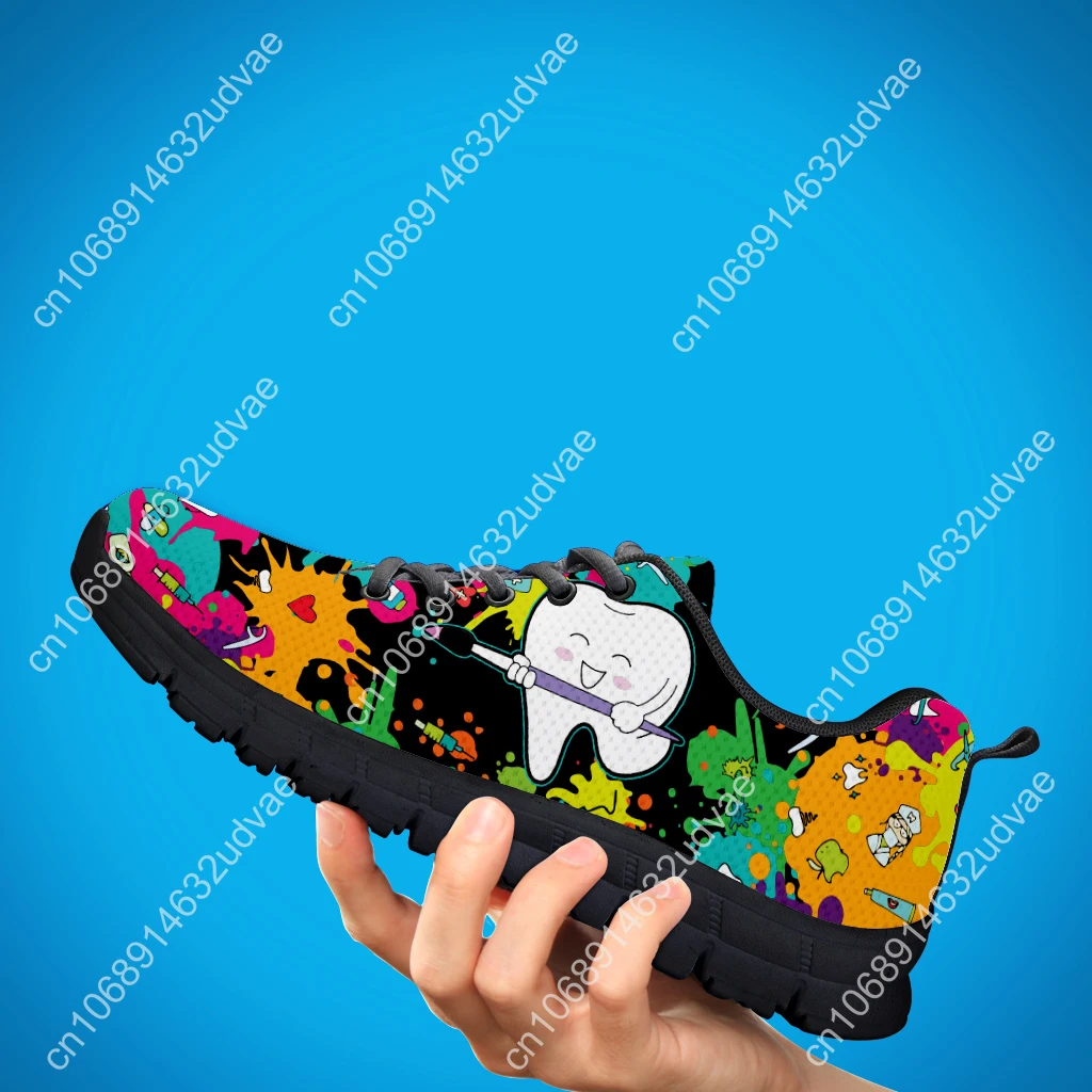 Dental Footwear Tie Dye Painted Mesh Shoes Cartoon Teeth Print Walking Sneakers Women's Outdoor Tennis Footwear 2023