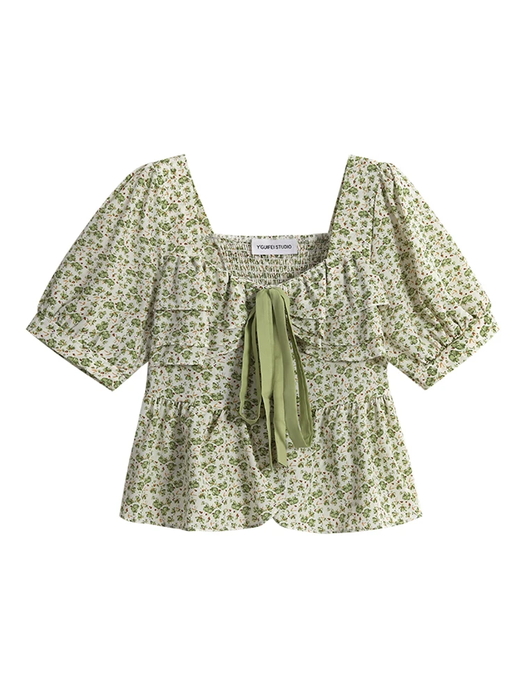 

Женская милая рубашка Frensh с квадратным вырезом и пышными рукавами, женские летние повседневные универсальные шифоновые топы со шнуровкой и цветочным принтом