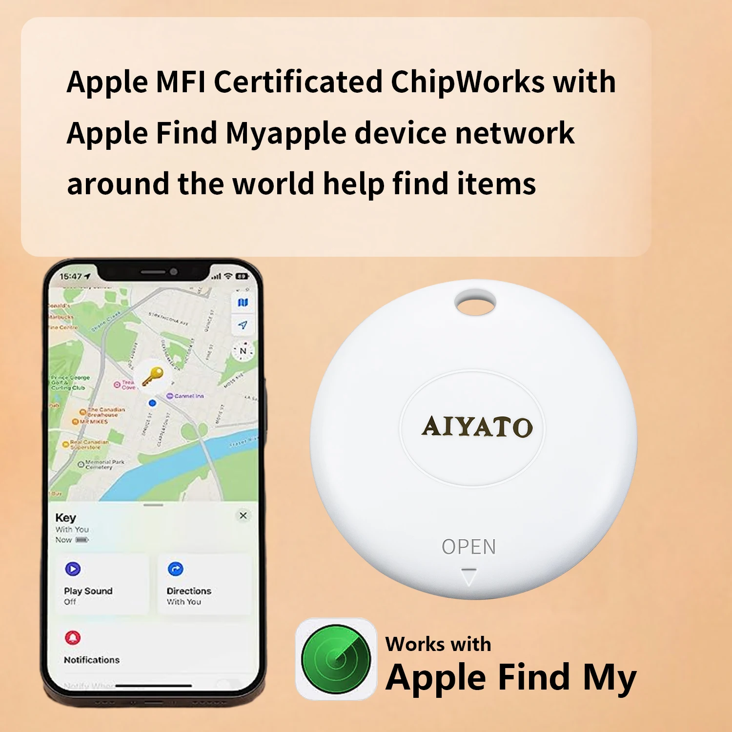 AiYaTo Bluetooth GPS Key Finder work with Apple Find My Global Network Smart AirTag Tracker for IOS System Item Locator for Bags