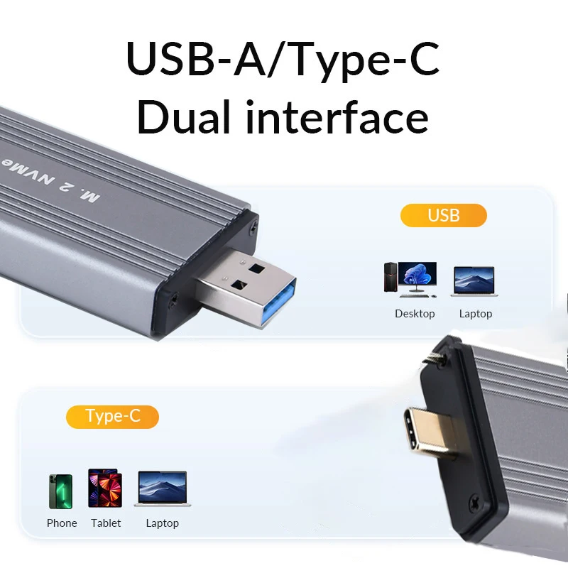 M.2 NVMe SSD Enclosure Adapter USB C 3.2 Gen 2 10Gbps NVME for M-Key 2230/2242/2260/2280M2 Aluminum External USB A M2 Reader