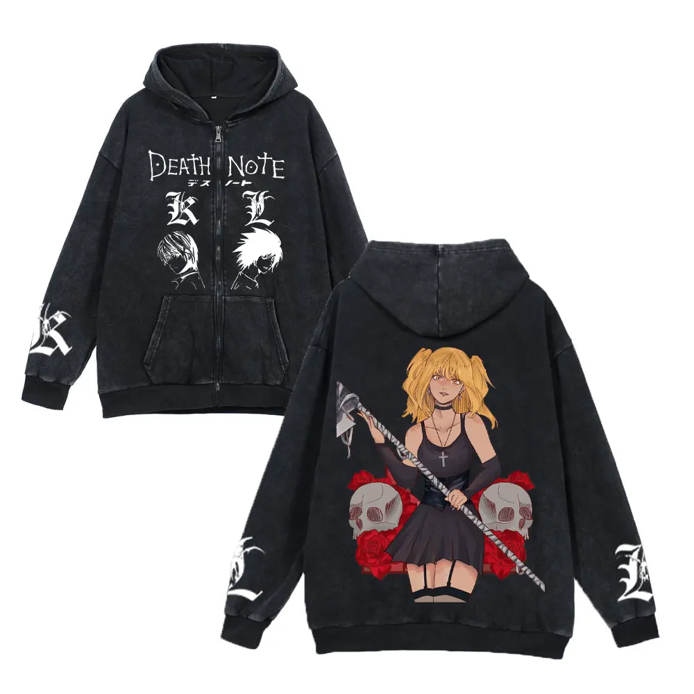 

Anime Death Note Washed Hoodies For Man Women 100% Cotton Retro Distressed Gothic Harajuku Style Street Hip Hop Clothing Black