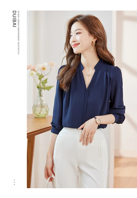 NAVIU Navy Blue Shirt Women New Autumn High End Temperament V Neck 