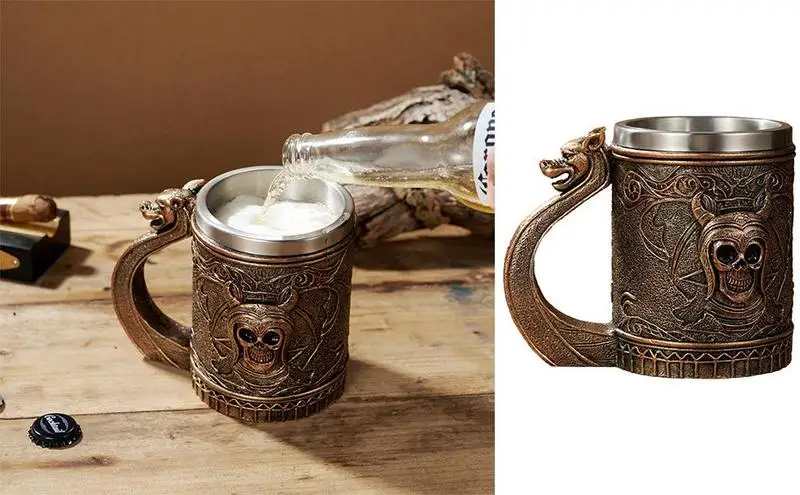 

600ml Viking Beer Mug Stainless Steel Wooden Coffee Cool Antique Men's Barrel Tankard Mug for Party Decoration Wooden Gift