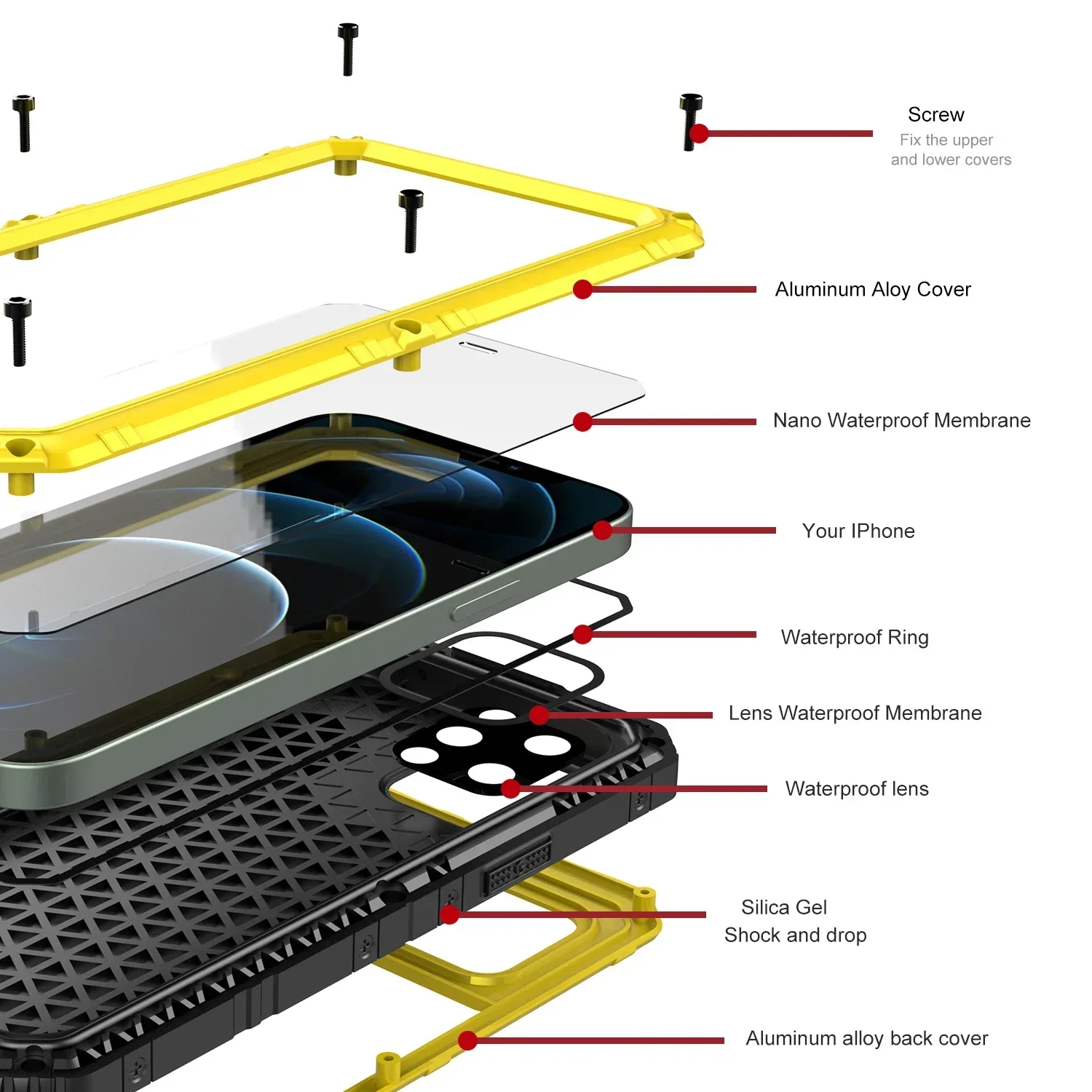 Heavy-duty metal waterproof case for iPhone15 14 13Pro Max Screen Protector iPhone14 Plus 12 11 XS XR Rugged shockproof cover